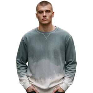 Sol Angeles Fleece Top Mens L Green Ivory Drip Dye Pullover Crew Sweatshirt USA